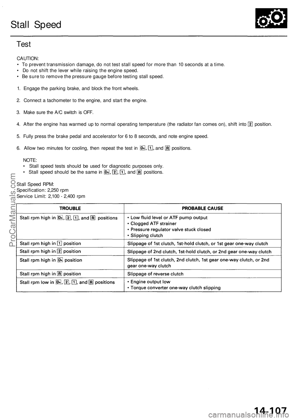 ACURA RL KA9 1996 Service Repair Manual
Stall Speed
Test
CAUTION:
• To prevent transmission damage, do not test stall speed for more than 10 seconds at a time.
• Do not shift the lever while raising the engine speed.
• Be sure t ACURA RL KA9 1996 Service Repair Manual
Stall Speed
Test
CAUTION:
• To prevent transmission damage, do not test stall speed for more than 10 seconds at a time.
• Do not shift the lever while raising the engine speed.
• Be sure t