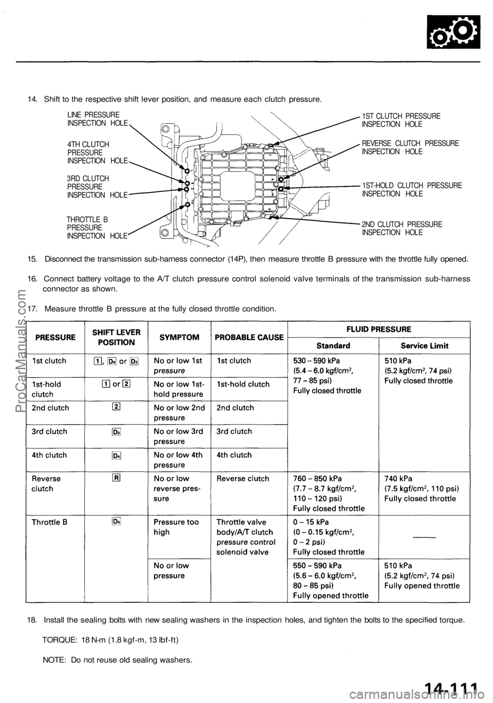 ACURA RL KA9 1996 Service Repair Manual
14. Shift to the respective shift lever position, and measure each clutch pressure.
4TH CLUTCH
PRESSURE
INSPECTION HOLE
3RD CLUTCH
PRESSURE
INSPECTION HOLE
THROTTLE B
PRESSURE
INSPECTION HOL ACURA RL KA9 1996 Service Repair Manual
14. Shift to the respective shift lever position, and measure each clutch pressure.
4TH CLUTCH
PRESSURE
INSPECTION HOLE
3RD CLUTCH
PRESSURE
INSPECTION HOLE
THROTTLE B
PRESSURE
INSPECTION HOL