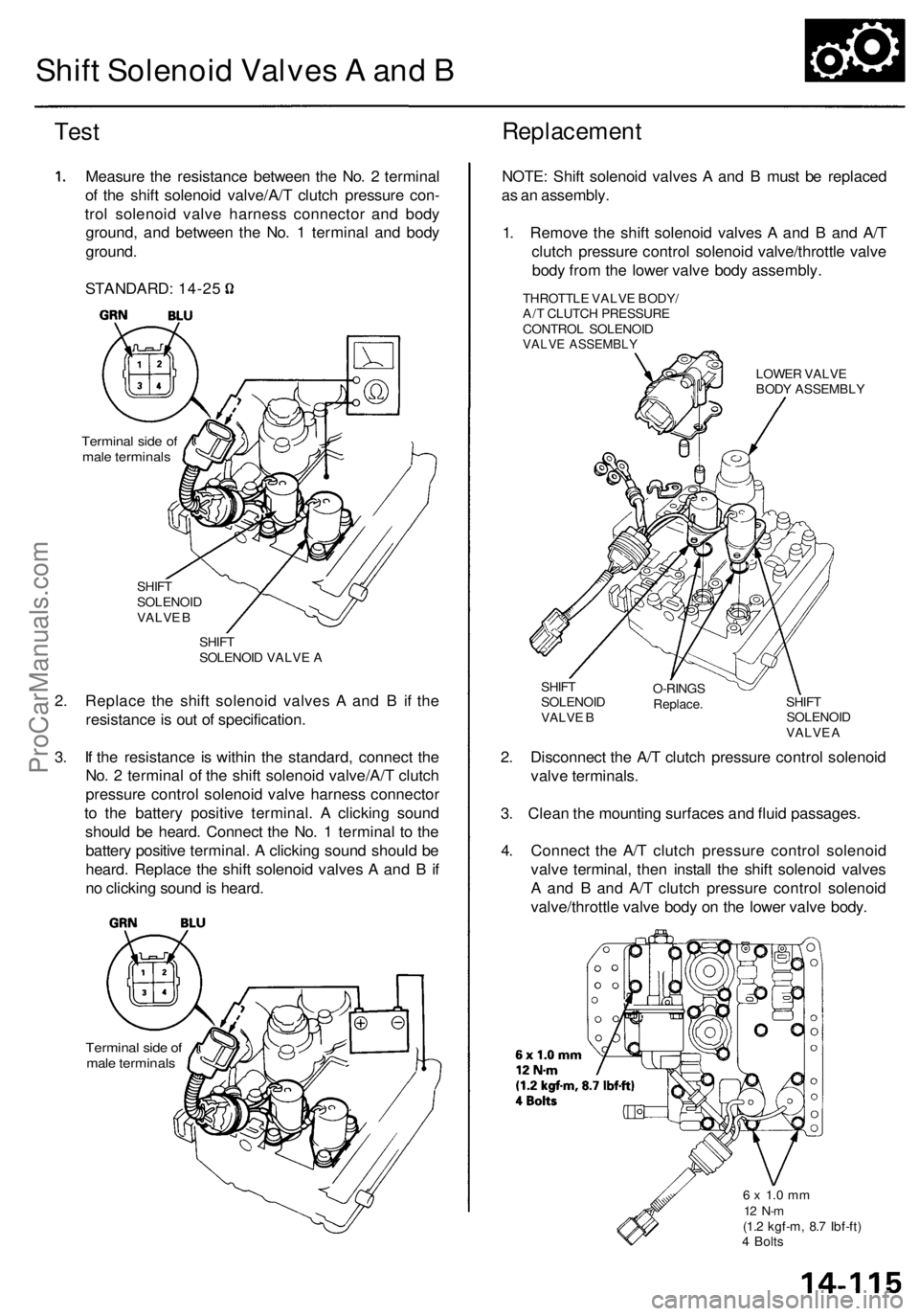 ACURA RL KA9 1996  Service Repair Manual 
Shift Solenoid Valves A and B

Test 
Replacement

Measure the resistance between the No. 2 terminal

of the shift solenoid valve/A/T clutch pressure con-

trol solenoid valve harness connector and bo