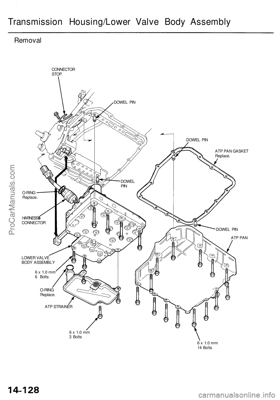 ACURA RL KA9 1996  Service Repair Manual 
Transmission Housing/Lower Valve Body Assembly

Removal

CONNECTOR

STOP

DOWEL PIN

O-RING

Replace.

HARNESS

CONNECTOR 
DOWEL PIN

O-RING

Replace.

ATP STRAINER

6 x 1.0 mm

3 Bolts 
ATP PAN GASK