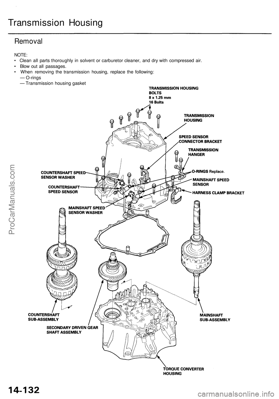 ACURA RL KA9 1996  Service Repair Manual 
Transmission Housing

Removal

NOTE:

• Clean all parts thoroughly in solvent or carburetor cleaner, and dry with compressed air.

• Blow out all passages.

• When removing the transmission hou