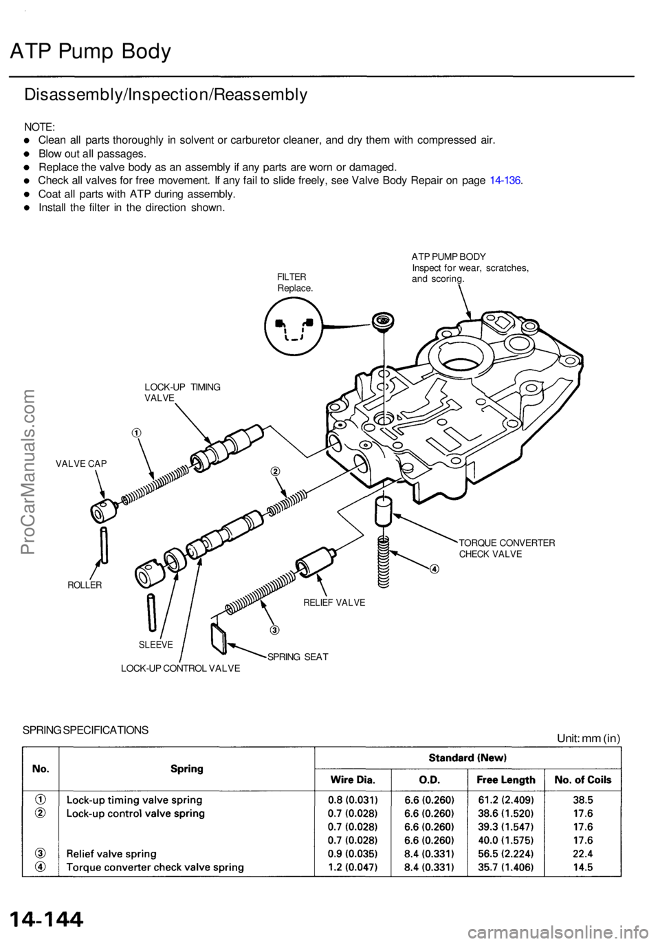 ACURA RL KA9 1996 Service Owners Manual ATP Pum p Bod y
Disassembly/Inspection/Reassembl y
NOTE:
Clean al l part s thoroughl y i n solven t o r carbureto r cleaner , an d dr y the m wit h compresse d air .
Blo w ou t al l passages .
Replac ACURA RL KA9 1996 Service Owners Manual ATP Pum p Bod y
Disassembly/Inspection/Reassembl y
NOTE:
Clean al l part s thoroughl y i n solven t o r carbureto r cleaner , an d dr y the m wit h compresse d air .
Blo w ou t al l passages .
Replac
