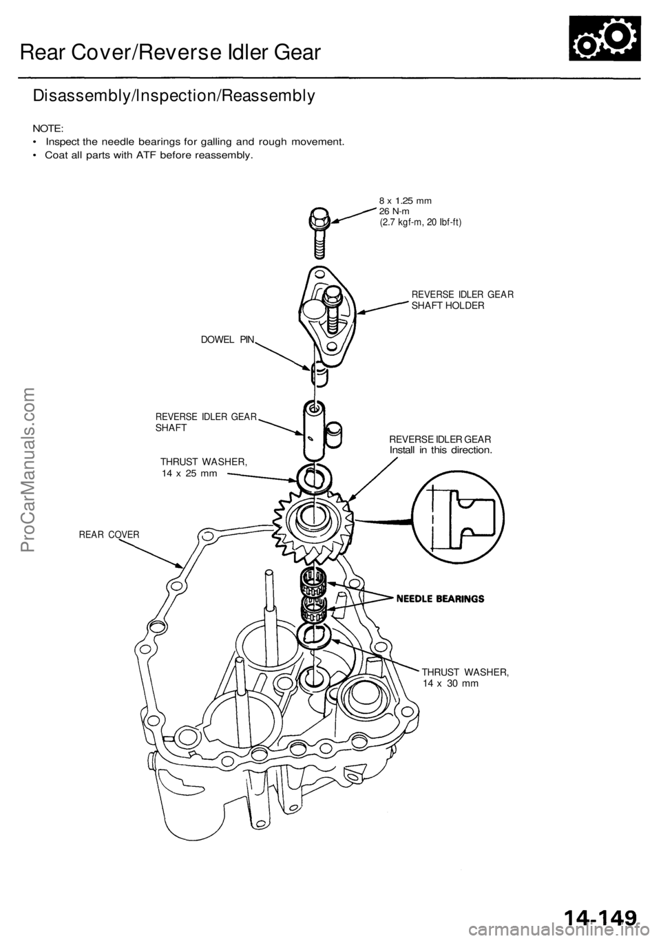 ACURA RL KA9 1996  Service Repair Manual 
Rear Cover/Reverse Idler Gear

Disassembly/lnspection/Reassembly

NOTE:

• Inspect the needle bearings for galling and rough movement.

• Coat all parts with ATF before reassembly.

DOWEL PIN

RE