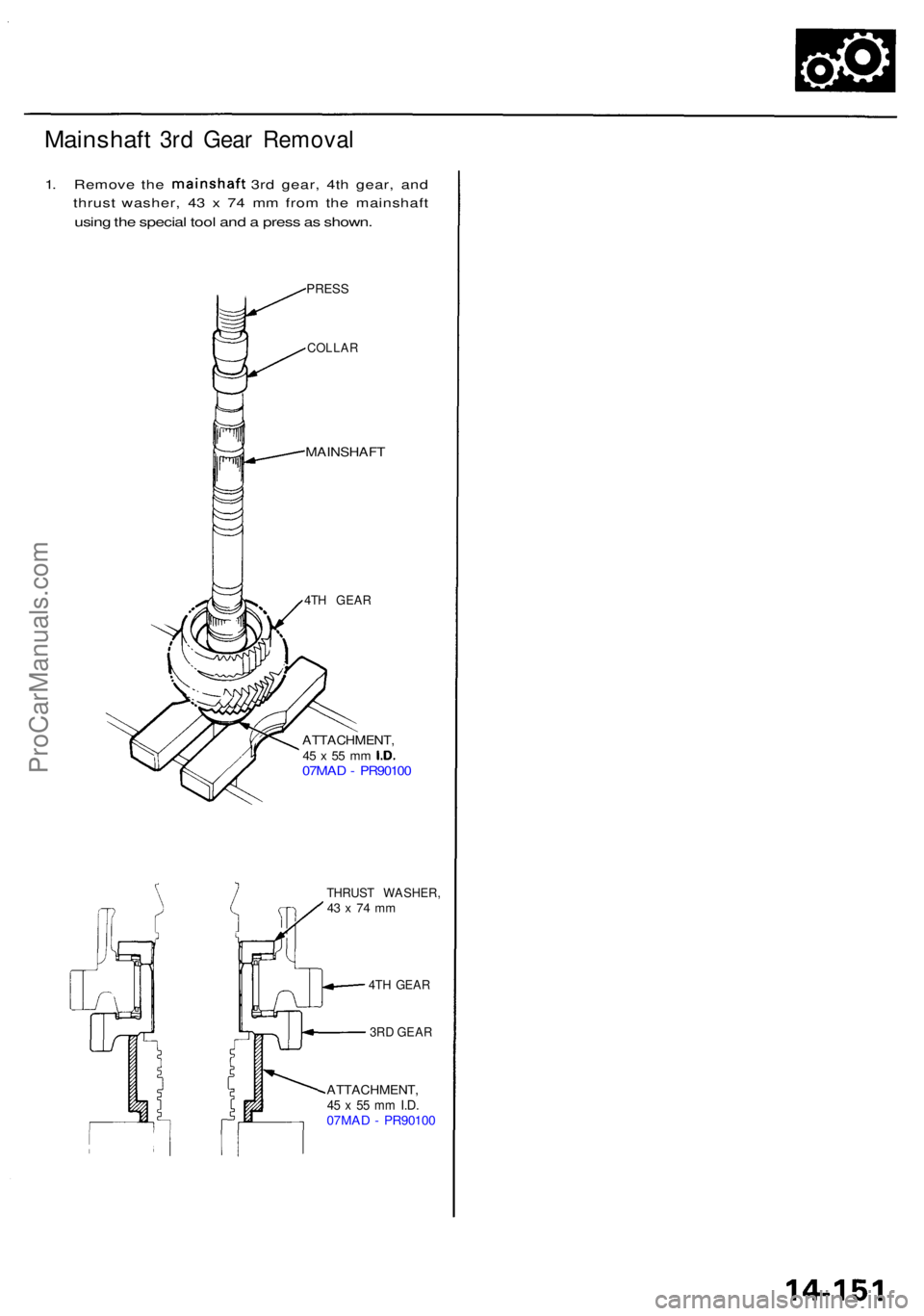 ACURA RL KA9 1996  Service Repair Manual Mainshaft 3rd Gea r Remova l
1. Remov e th e mainshaf t 3rd gear , 4t h gear , an d
thrus t washer , 4 3 x  7 4 m m fro m th e mainshaf t
using th e specia l too l an d a  pres s a s shown .
PRESS
COL