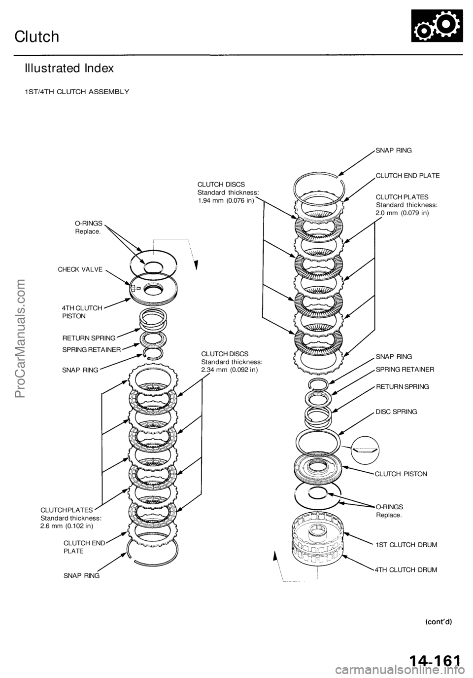 ACURA RL KA9 1996 Service Repair Manual
Clutch
Illustrated Index
1ST/4TH CLUTCH ASSEMBLY
O-RINGS
Replace.
CHECK VALVE
4TH CLUTCH
PISTON
RETURN SPRING
SPRING RETAINER
SNAP RING
CLUTCH PLATES
Standard thickness:
2.6 mm (0.102 in ACURA RL KA9 1996 Service Repair Manual
Clutch
Illustrated Index
1ST/4TH CLUTCH ASSEMBLY
O-RINGS
Replace.
CHECK VALVE
4TH CLUTCH
PISTON
RETURN SPRING
SPRING RETAINER
SNAP RING
CLUTCH PLATES
Standard thickness:
2.6 mm (0.102 in
