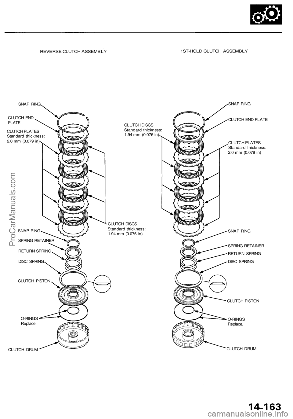 ACURA RL KA9 1996  Service Repair Manual 
REVERSE CLUTCH ASSEMBLY 
1ST-HOLD CLUTCH ASSEMBLY

SNAP RING

CLUTCH END

PLATE

CLUTCH PLATES

Standard thickness:

2.0 mm (0.079 in)

O-RINGS

Replace.

CLUTCH DRUM 
CLUTCH DISCS

Standard thicknes
