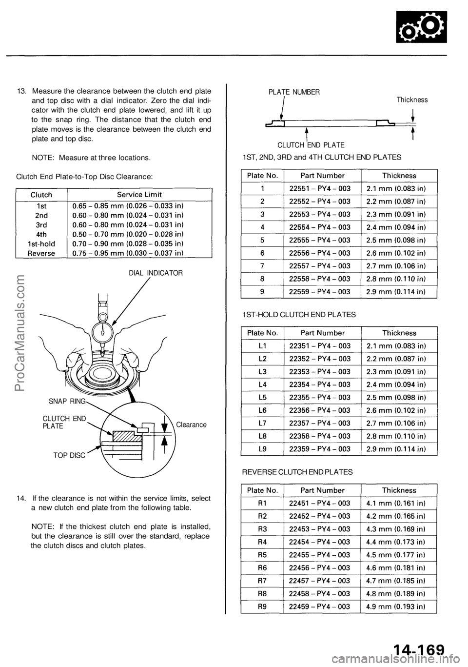 ACURA RL KA9 1996 Service Repair Manual
13. Measure the clearance between the clutch end plate
and top disc with a dial indicator. Zero the dial indi-
cator with the clutch end plate lowered, and lift it up
to the snap ring. The distanc ACURA RL KA9 1996 Service Repair Manual
13. Measure the clearance between the clutch end plate
and top disc with a dial indicator. Zero the dial indi-
cator with the clutch end plate lowered, and lift it up
to the snap ring. The distanc
