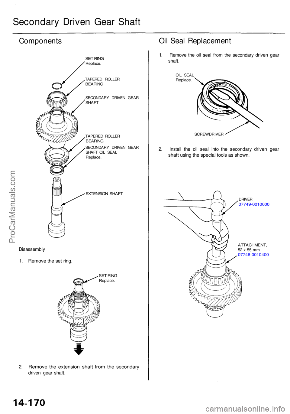 ACURA RL KA9 1996  Service Repair Manual Secondary Drive n Gea r Shaf t
Component s
Disassembly
1. Remov e th e se t ring .
SET RIN GReplace .
TAPERE D ROLLE RBEARING
SECONDAR Y DRIVE N GEA RSHAFT
TAPERE D ROLLE RBEARING
SECONDAR Y DRIVE N G