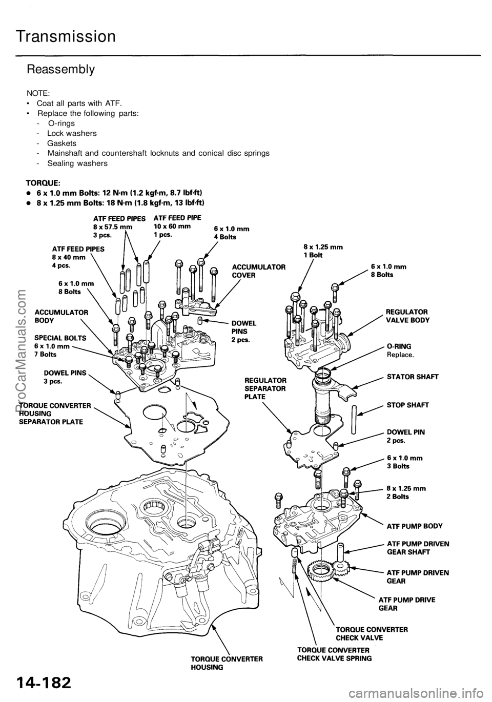 ACURA RL KA9 1996  Service Repair Manual 
Transmission

Reassembly

NOTE:

• Coat all parts with ATF.

• Replace the following parts:

- O-rings

- Lock washers

- Gaskets

- Mainshaft and countershaft locknuts and conical disc springs

