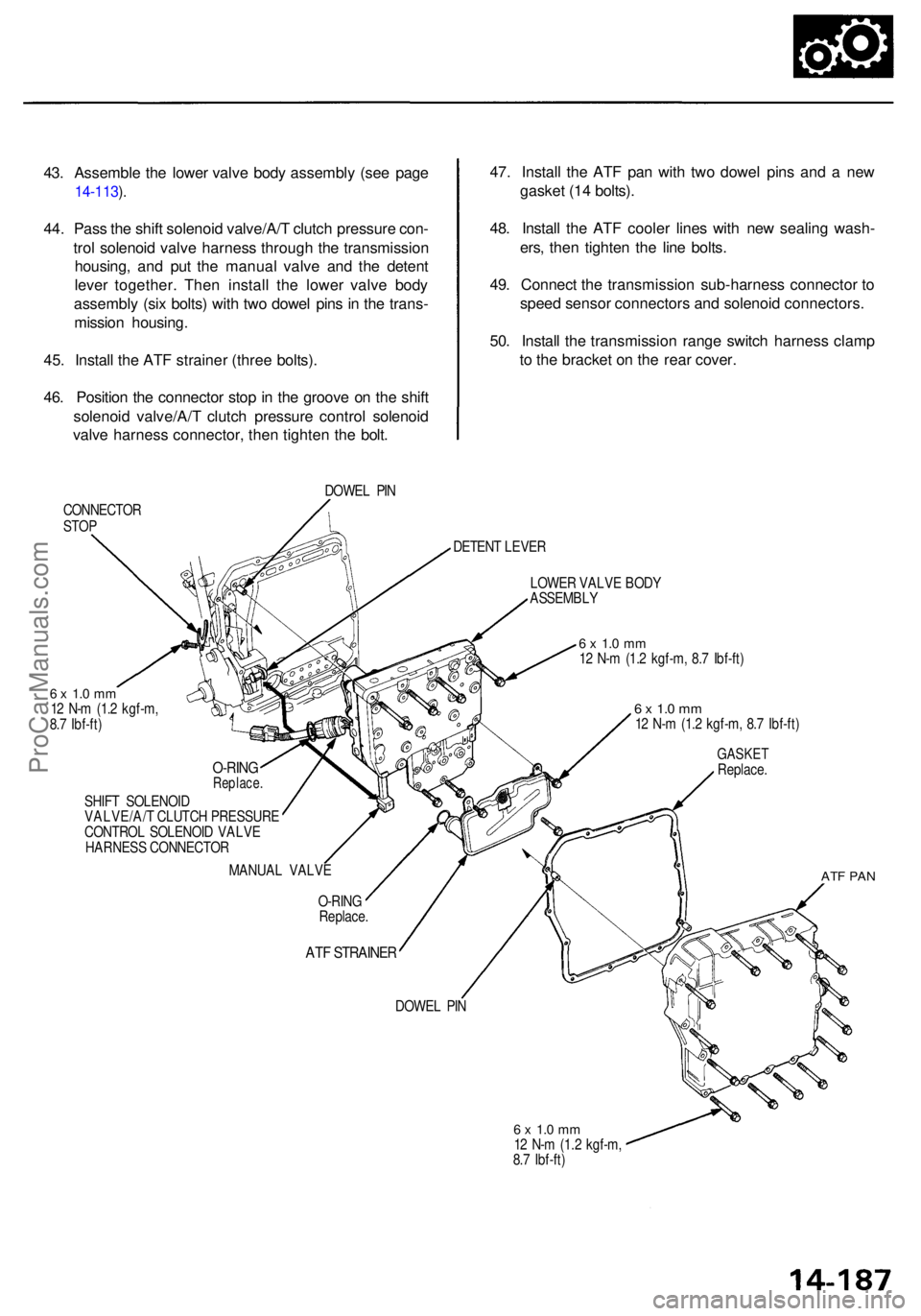 ACURA RL KA9 1996  Service Repair Manual 43. Assembl e th e lowe r valv e bod y assembl y (se e pag e
14-113 ).
44 . Pas s th e shif t solenoi d valve/A/ T clutc h pressur e con -
tro l solenoi d valv e harnes s throug h th e transmissio n
h