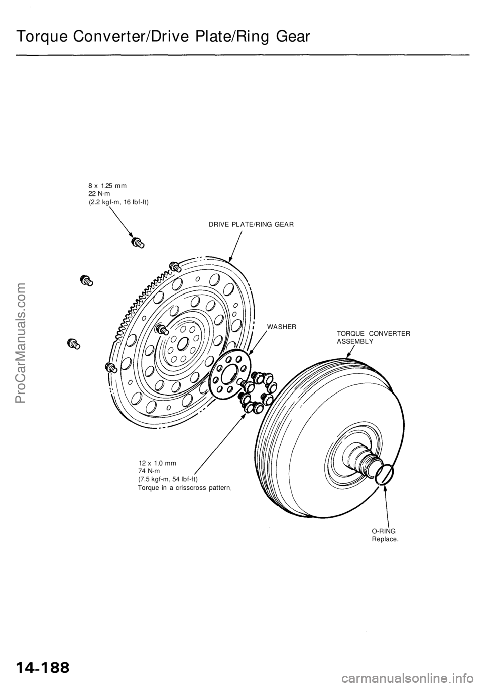 ACURA RL KA9 1996  Service Repair Manual 
Torque Converter/Drive Plate/Ring Gear

8 x
 1.25
 mm

22 N-m

(2.2 kgf-m, 16 Ibf-ft)

DRIVE PLATE/RING GEAR

TORQUE CONVERTER

ASSEMBLY

12 x 1.0 mm

74 N-m

(7.5 kgf-m, 54 Ibf-ft)

Torque in a cris