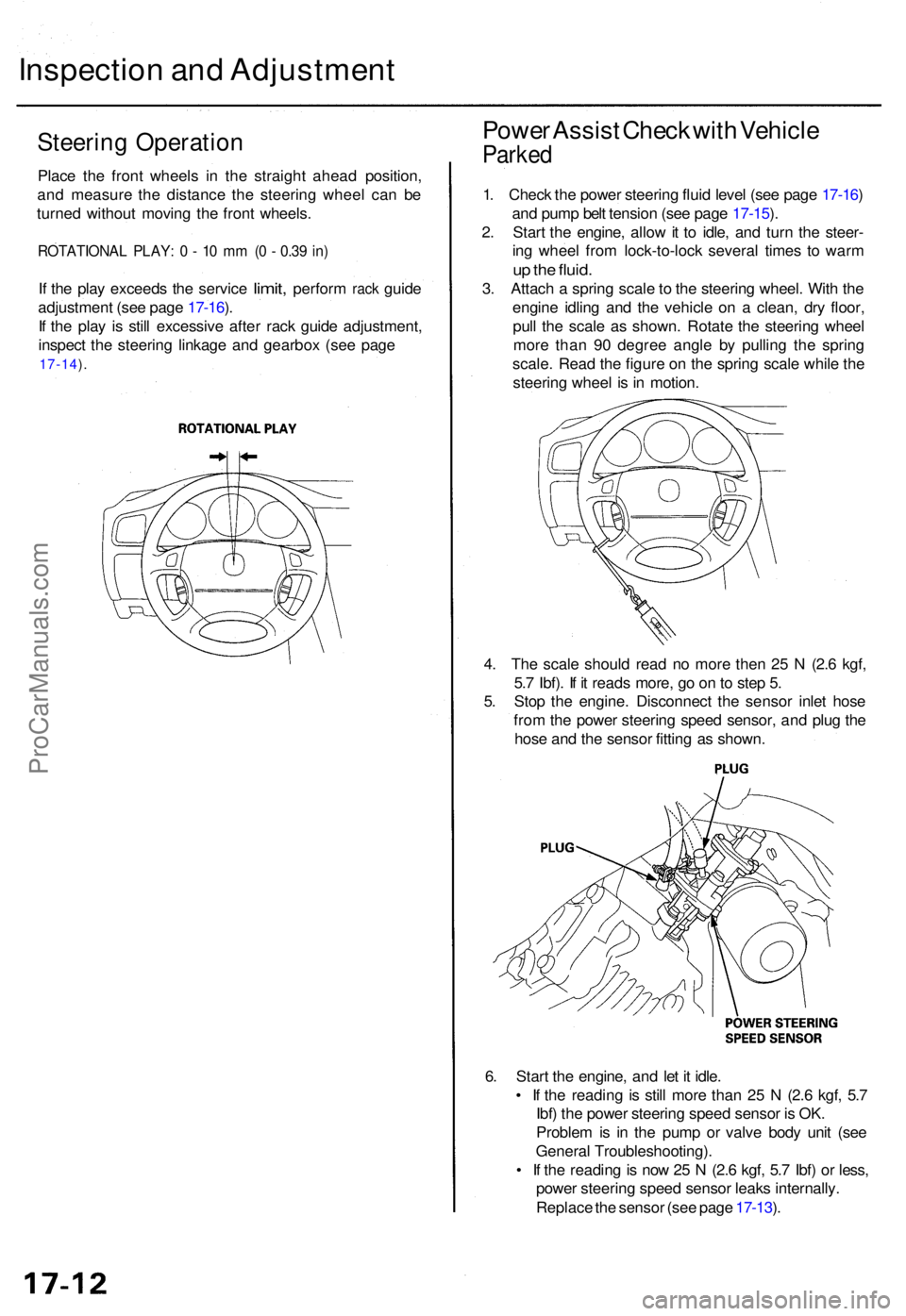 ACURA RL KA9 1996  Service Repair Manual Inspection an d Adjustmen t
Steering Operatio n
Place th e fron t wheel s i n th e straigh t ahea d position ,
an d measur e th e distanc e th e steerin g whee l ca n b e
turne d withou t movin g th e