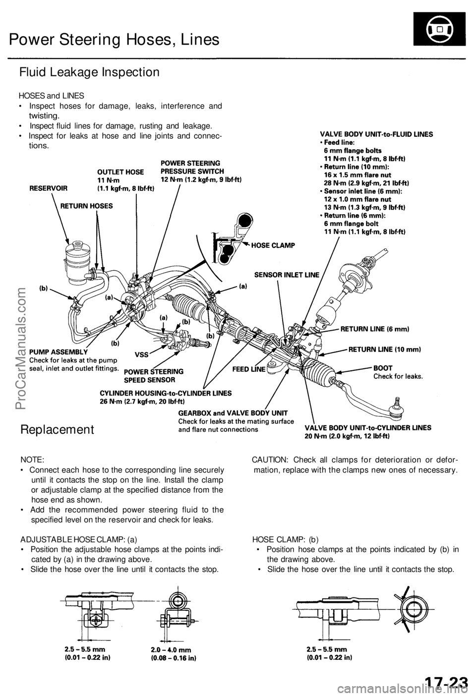 ACURA RL KA9 1996  Service Repair Manual 
Power Steering Hoses, Lines

Fluid Leakage Inspection

HOSES and LINES

• Inspect hoses for damage, leaks, interference and

twisting.

• Inspect fluid lines for damage, rusting and leakage.

•