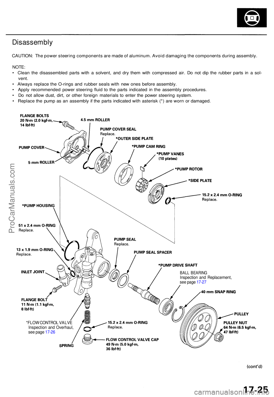 ACURA RL KA9 1996  Service Repair Manual Disassembly
CAUTION: Th e powe r steerin g component s ar e mad e o f aluminum . Avoi d damagin g th e component s durin g assembly .
NOTE:
• Clea n th e disassemble d part s wit h a  solvent , an d