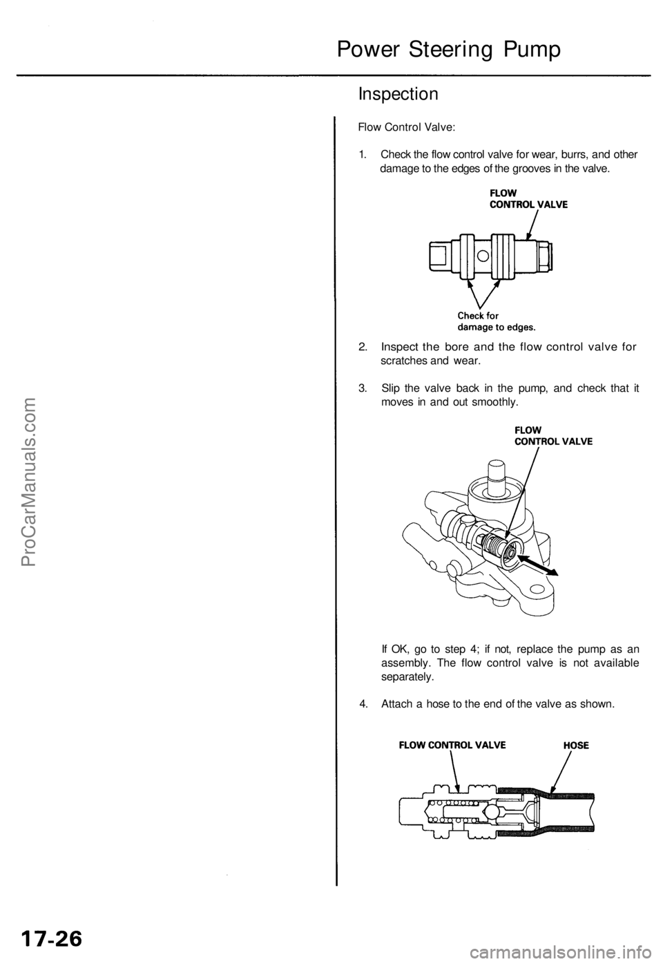 ACURA RL KA9 1996  Service Repair Manual Power Steerin g Pum p
Inspectio n
Flow Contro l Valve :
1 . Chec k th e flo w contro l valv e fo r wear , burrs , an d othe r
damag e to  th e edge s o f th e groove s in  th e valve .
2. Inspec t th 
