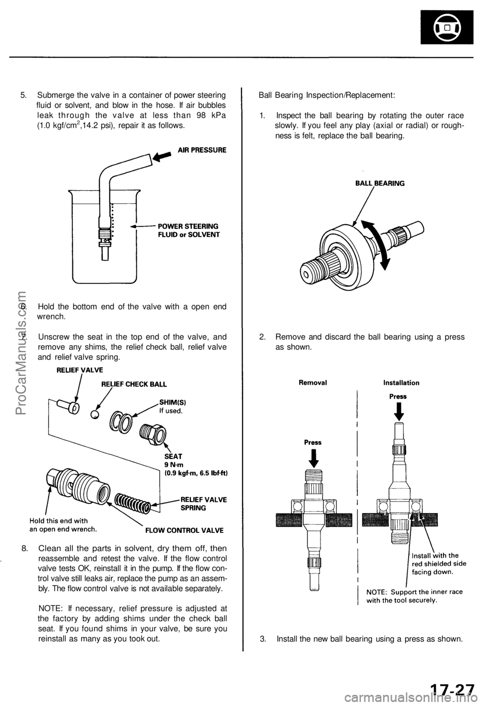 ACURA RL KA9 1996  Service Repair Manual 
5. Submerge the valve in a container of power steering

fluid or solvent, and blow in the hose. If air bubbles

leak through the valve at less than 98 kPa

(1.0 kgf/cm2,14.2 psi), repair it as follow
