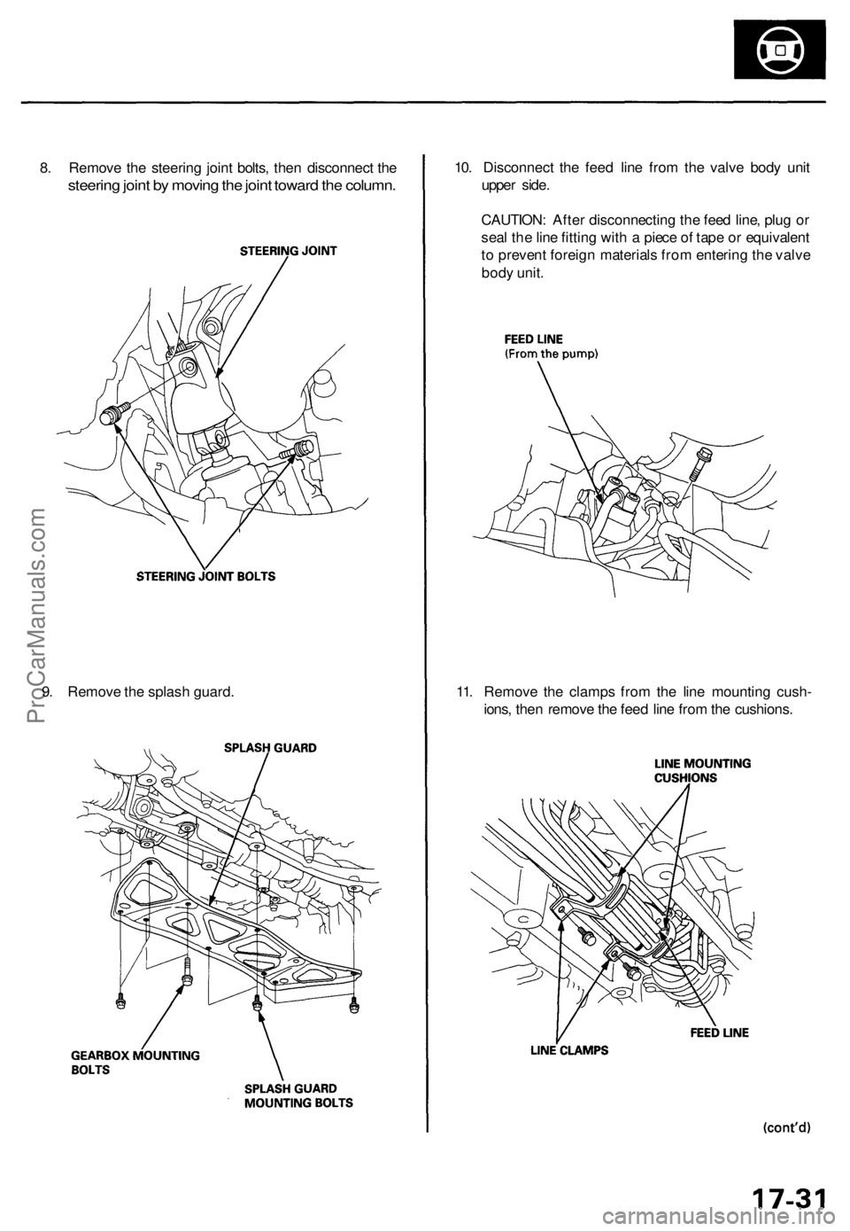 ACURA RL KA9 1996  Service Repair Manual 
8. Remove the steering joint bolts, then disconnect the

steering joint by moving the joint toward the column. 
10. Disconnect the feed line from the valve body unit

upper side.

CAUTION: After disc