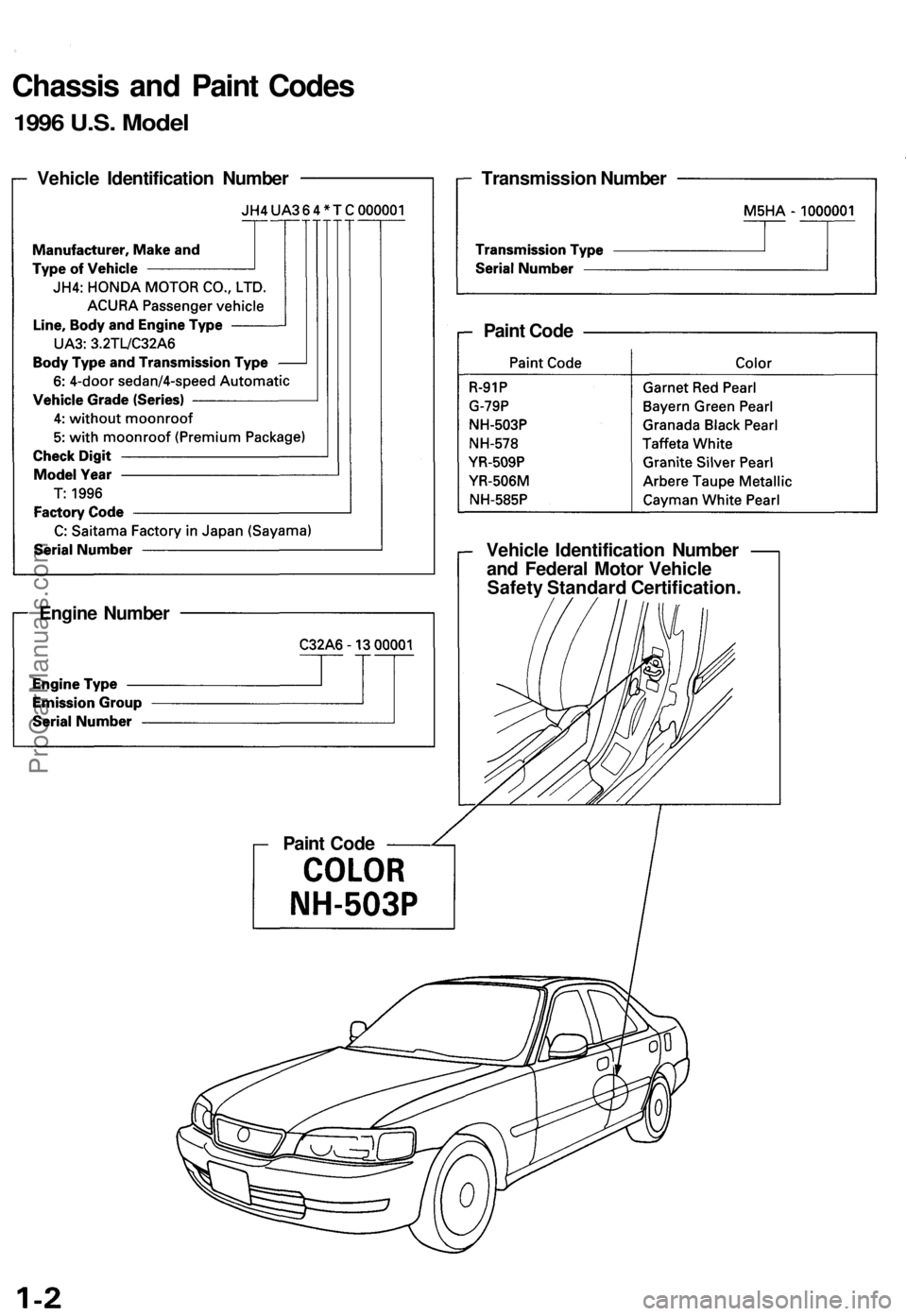 ACURA TL 1995  Service Repair Manual 
Chassis and Paint Codes

1996 U.S. Model

Vehicle Identification Number 
Transmission Number

Engine Number 
Vehicle Identification Number

and Federal Motor Vehicle

Safety Standard Certification.

