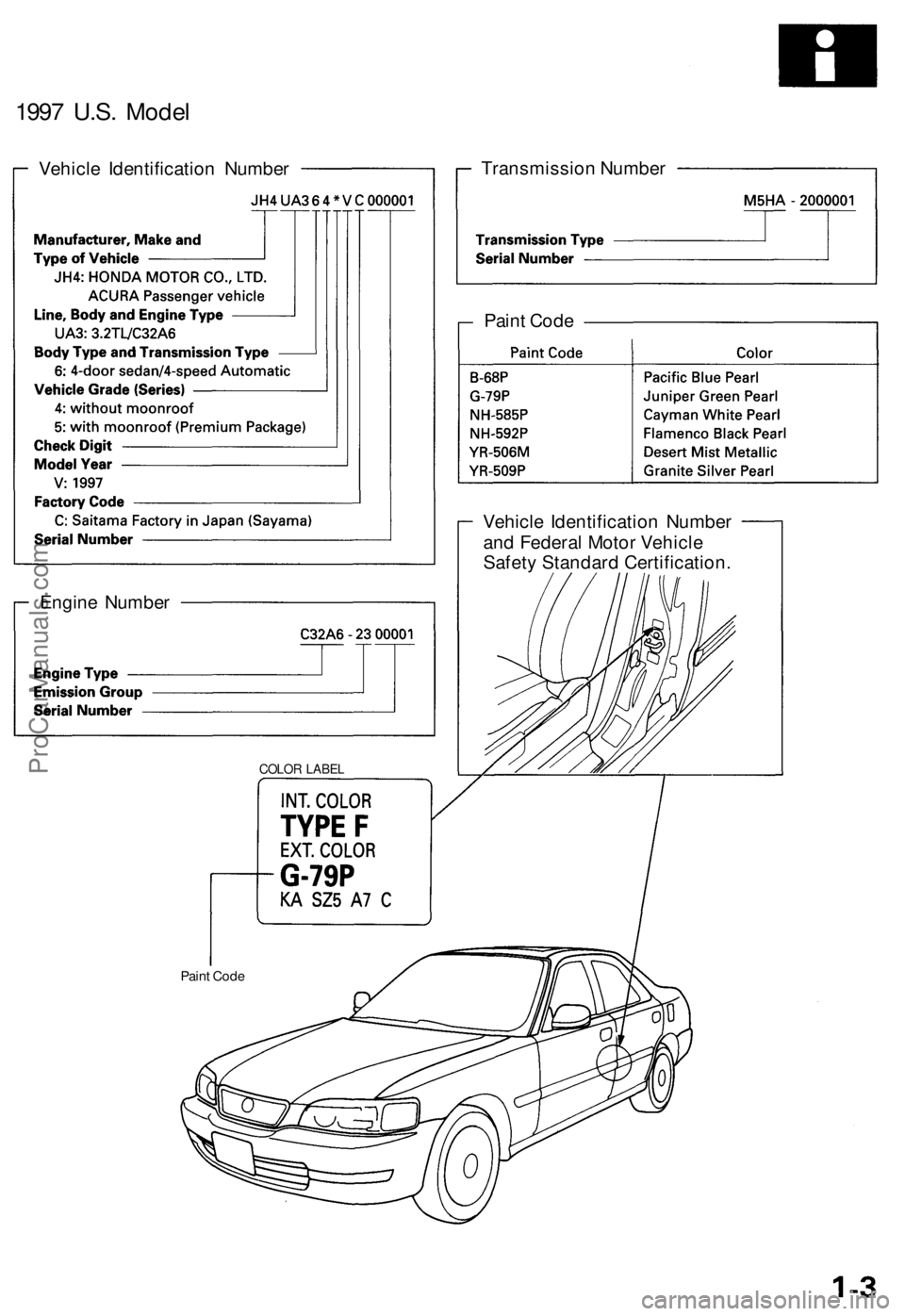 ACURA TL 1995  Service Repair Manual 
1997 U.S. Model

Vehicle Identification Number 
Transmission Number

Vehicle Identification Number

and Federal Motor Vehicle

Safety Standard Certification.

Engine Number

COLOR LABEL

Paint Code 
