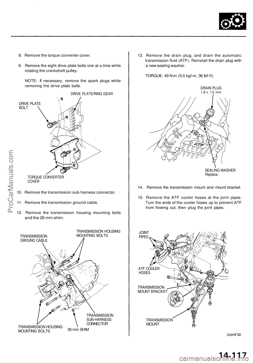 ACURA TL 1995 Service Repair Manual
8. Remove the torque converter cover.
9. Remove the eight drive plate bolts one at a time while
rotating the crankshaft pulley.
NOTE: If necessary, remove the spark plugs while
removing the drive ACURA TL 1995 Service Repair Manual
8. Remove the torque converter cover.
9. Remove the eight drive plate bolts one at a time while
rotating the crankshaft pulley.
NOTE: If necessary, remove the spark plugs while
removing the drive