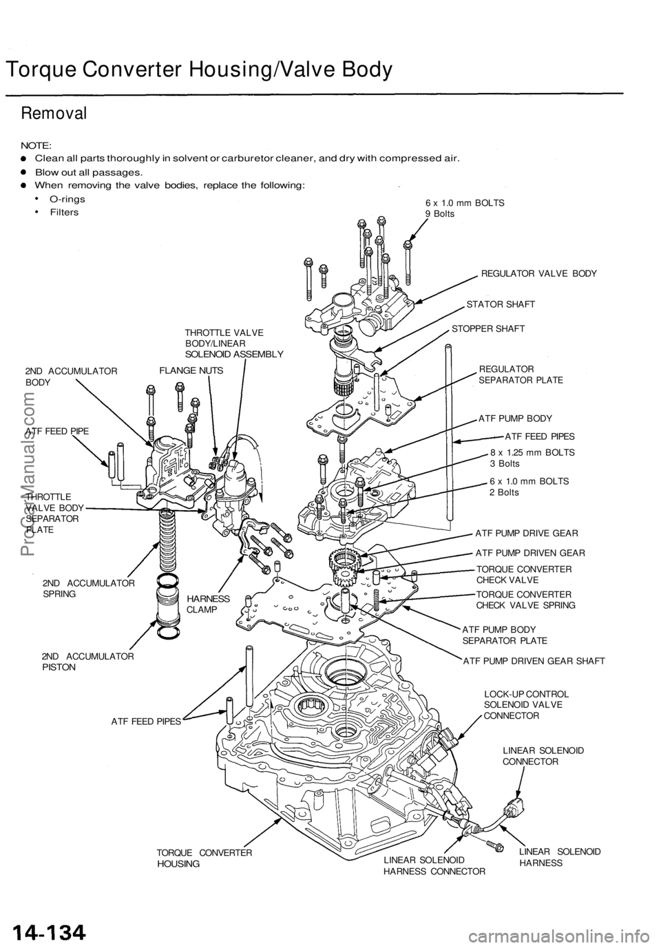 ACURA TL 1995 Service Repair Manual
Torque Converter Housing/Valve Body
Removal
NOTE:
Clean all parts thoroughly in solvent or carburetor cleaner, and dry with compressed air.
Blow out all passages.
When removing the valve bodies, ACURA TL 1995 Service Repair Manual
Torque Converter Housing/Valve Body
Removal
NOTE:
Clean all parts thoroughly in solvent or carburetor cleaner, and dry with compressed air.
Blow out all passages.
When removing the valve bodies,