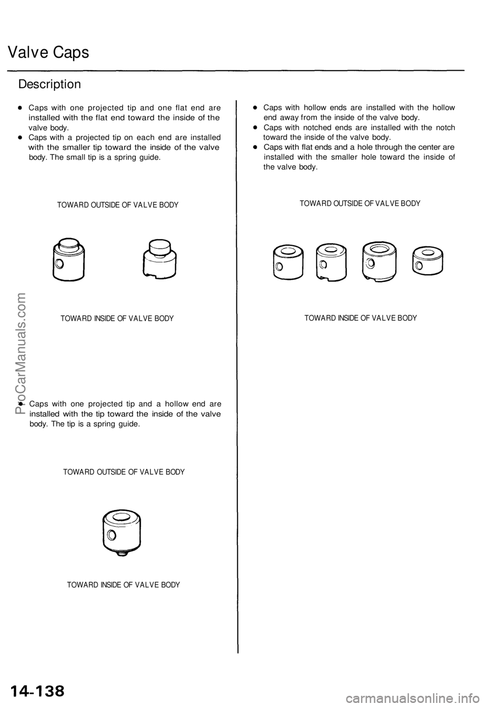 ACURA TL 1995 Service Repair Manual
Valve Caps
Description
Caps with one projected tip and one flat end are
installed with the flat end toward the inside of the
valve body.
Caps with a projected tip on each end are installed
with ACURA TL 1995 Service Repair Manual
Valve Caps
Description
Caps with one projected tip and one flat end are
installed with the flat end toward the inside of the
valve body.
Caps with a projected tip on each end are installed
with
