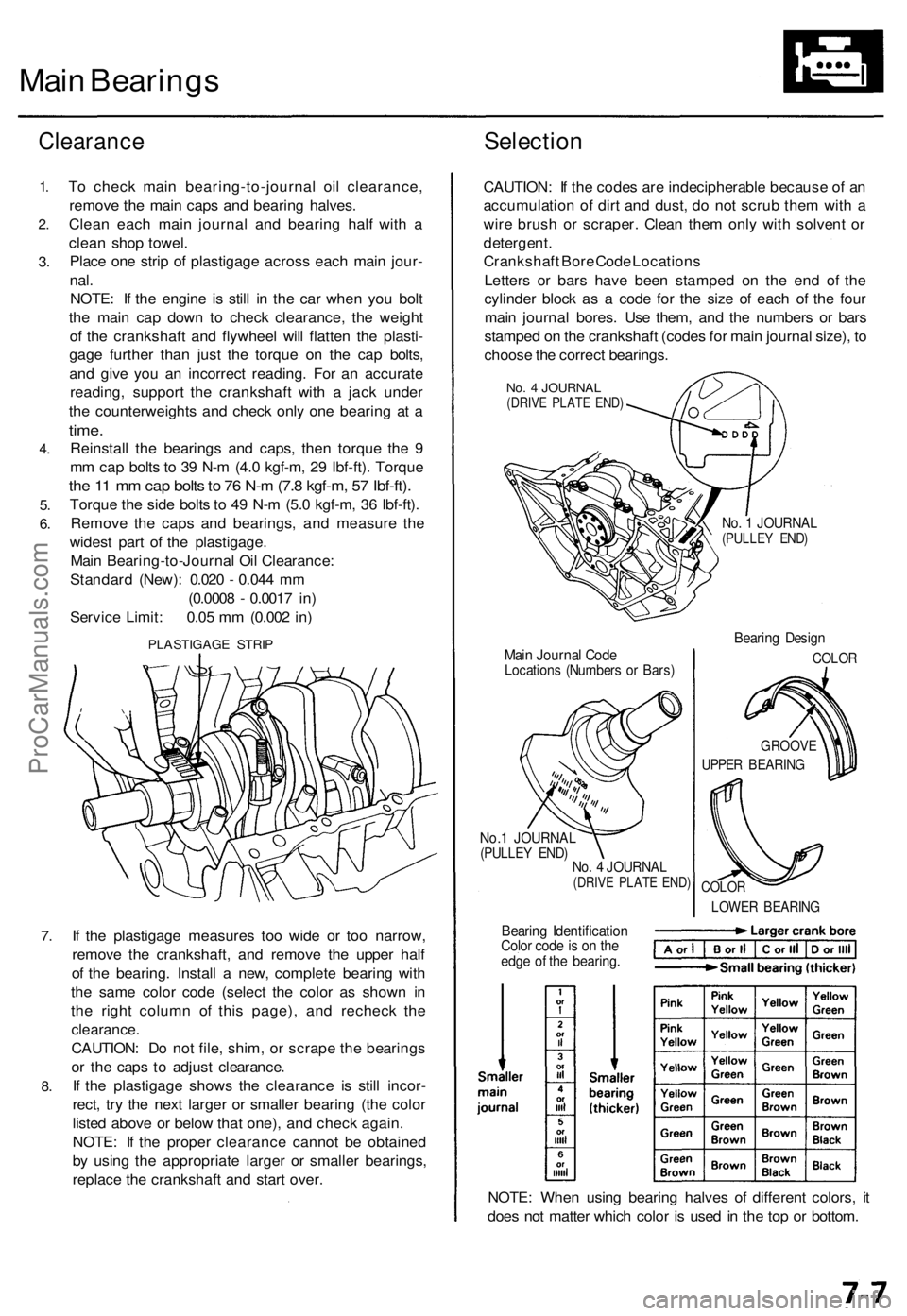 ACURA TL 1995  Service Repair Manual Main Bearing s
Clearanc eSelection
1.
2 .
3.
4 .
5.
6.
7 .
8 .
T o chec k mai n bearing-to-journa l oi l clearance ,
remov e th e mai n cap s an d bearin g halves .
Clea n eac h mai n journa l an d be