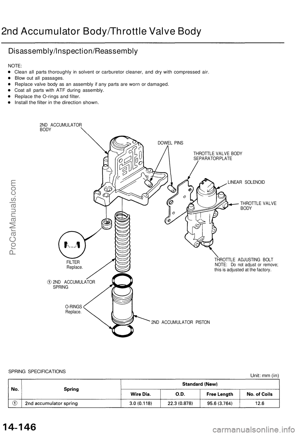 ACURA TL 1995 Service Repair Manual
2nd Accumulator Body/Throttle Valve Body
NOTE:
Clean all parts thoroughly in solvent or carburetor cleaner, and dry with compressed air.
Blow out all passages.
Replace valve body as an assembly i ACURA TL 1995 Service Repair Manual
2nd Accumulator Body/Throttle Valve Body
NOTE:
Clean all parts thoroughly in solvent or carburetor cleaner, and dry with compressed air.
Blow out all passages.
Replace valve body as an assembly i