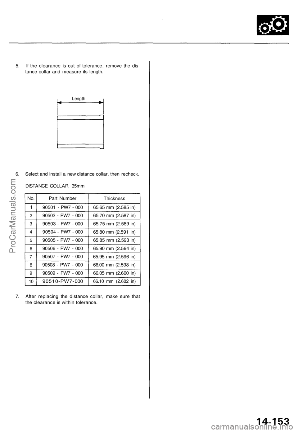 ACURA TL 1995  Service Repair Manual 
5. If the clearance is out of tolerance, remove the dis-

tance collar and measure its length.

Length

6. Select and install a new distance collar, then recheck.

DISTANCE COLLAR, 35mm

No.

1

2

3