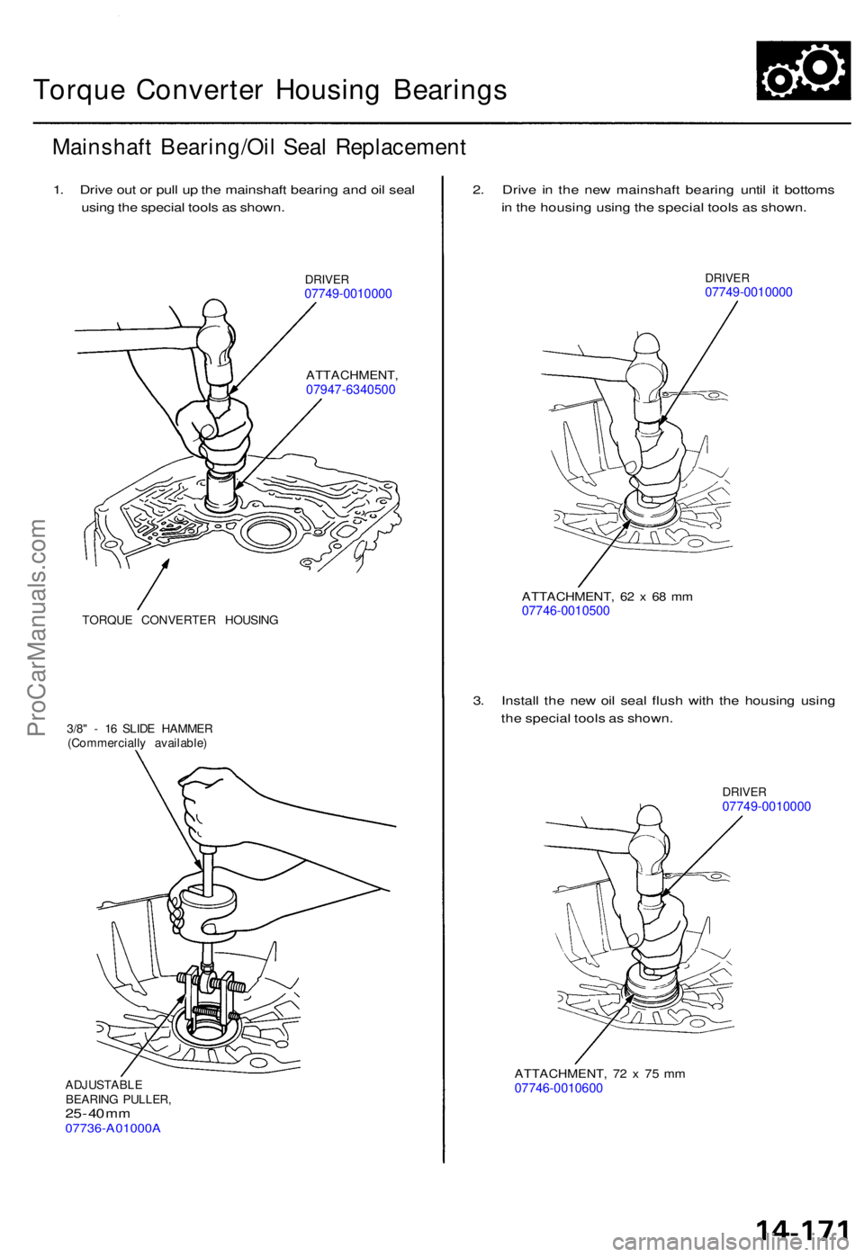 ACURA TL 1995 Service Repair Manual Torque Converte r Housin g Bearing s
Mainshaf t Bearing/Oi l Sea l Replacemen t
1. Driv e ou t o r pul l u p th e mainshaf t bearin g an d oi l sea l
usin g th e specia l tool s a s shown .
DRIVER0774 ACURA TL 1995 Service Repair Manual Torque Converte r Housin g Bearing s
Mainshaf t Bearing/Oi l Sea l Replacemen t
1. Driv e ou t o r pul l u p th e mainshaf t bearin g an d oi l sea l
usin g th e specia l tool s a s shown .
DRIVER0774