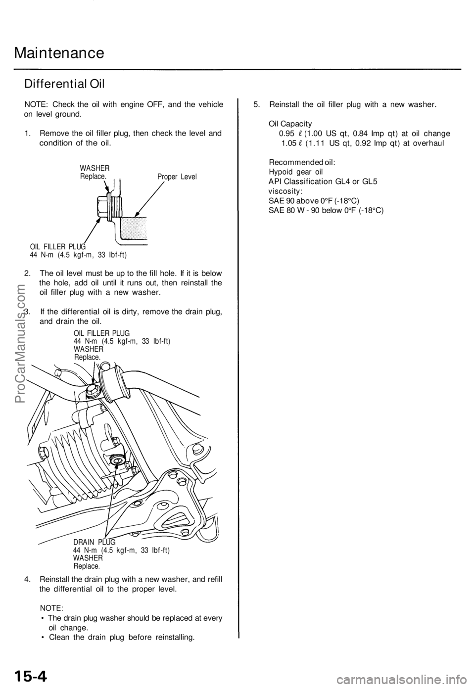 ACURA TL 1995  Service Repair Manual Maintenance
Differential Oi l
NOTE : Chec k th e oi l wit h engin e OFF , an d th e vehicl e
o n  leve l ground .
1 . Remov e th e oi l fille r plug , the n chec k th e leve l an d
conditio n o f th e