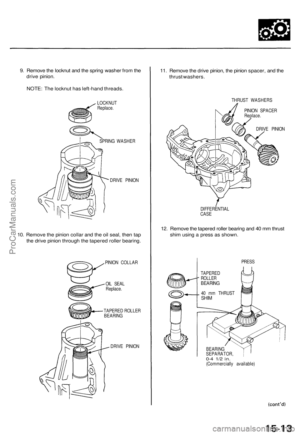 ACURA TL 1995 Service Repair Manual 9. Remov e th e locknu t an d th e sprin g washe r fro m th e
driv e pinion .
NOTE : Th e locknu t ha s left-han d threads .
LOCKNU T
Replace .
SPRIN G WASHE R
DRIV E PINIO N
10. Remov e th e pinio n ACURA TL 1995 Service Repair Manual 9. Remov e th e locknu t an d th e sprin g washe r fro m th e
driv e pinion .
NOTE : Th e locknu t ha s left-han d threads .
LOCKNU T
Replace .
SPRIN G WASHE R
DRIV E PINIO N
10. Remov e th e pinio n
