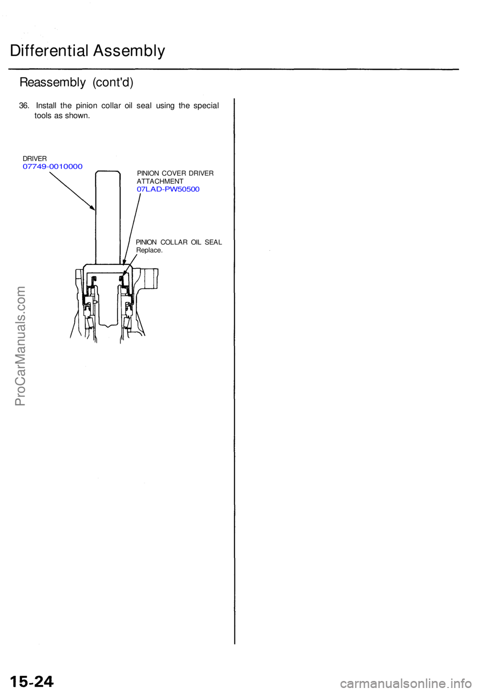 ACURA TL 1995 Service Repair Manual Differential Assembl y
Reassembl y (cont'd )
36. Instal l th e pinio n colla r oi l sea l usin g th e specia l
tool s a s shown .
DRIVER07749-001000 0PINION COVE R DRIVE R
ATTACHMEN T
07LAD-PW5050 ACURA TL 1995 Service Repair Manual Differential Assembl y
Reassembl y (cont'd )
36. Instal l th e pinio n colla r oi l sea l usin g th e specia l
tool s a s shown .
DRIVER07749-001000 0PINION COVE R DRIVE R
ATTACHMEN T
07LAD-PW5050