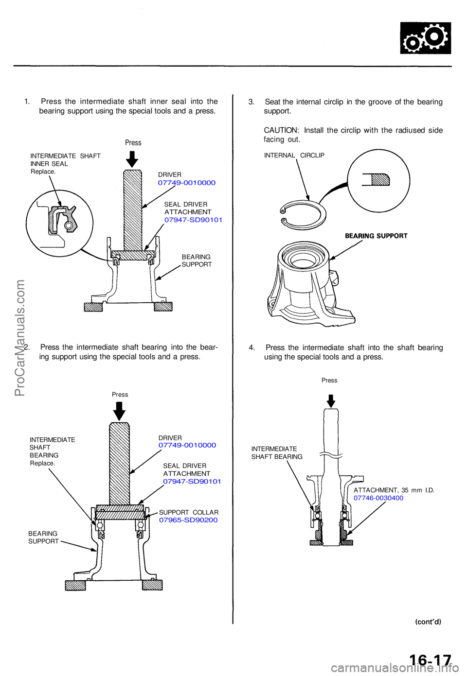 ACURA TL 1995 Service Repair Manual 1. Pres s th e intermediat e shaf t inne r sea l int o th e
bearin g suppor t usin g th e specia l tool s an d a press .
Press
INTERMEDIAT E SHAF T
INNE R SEA L
Replace .DRIVER07749-001000 0
SEAL DRI ACURA TL 1995 Service Repair Manual 1. Pres s th e intermediat e shaf t inne r sea l int o th e
bearin g suppor t usin g th e specia l tool s an d a press .
Press
INTERMEDIAT E SHAF T
INNE R SEA L
Replace .DRIVER07749-001000 0
SEAL DRI