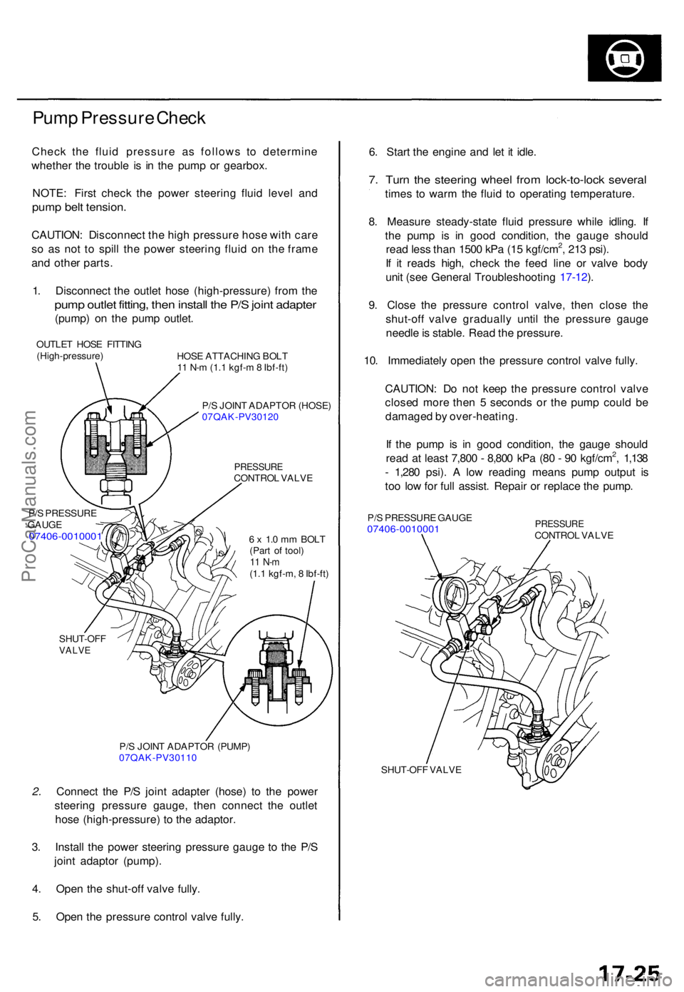 ACURA TL 1995 Service Repair Manual Pump Pressur e Chec k
Chec k th e flui d pressur e a s follow s t o determin e
whethe r th e troubl e i s i n th e pum p o r gearbox .
NOTE : Firs t chec k th e powe r steerin g flui d leve l an d
pum ACURA TL 1995 Service Repair Manual Pump Pressur e Chec k
Chec k th e flui d pressur e a s follow s t o determin e
whethe r th e troubl e i s i n th e pum p o r gearbox .
NOTE : Firs t chec k th e powe r steerin g flui d leve l an d
pum