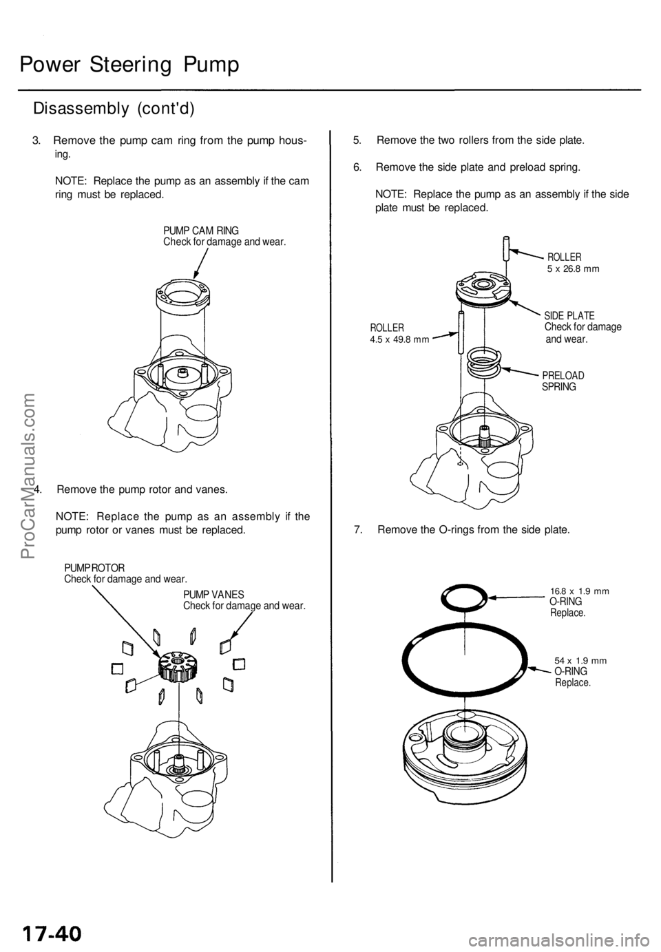 ACURA TL 1995 Service Repair Manual Power Steerin g Pum p
Disassembl y (cont'd )
3. Remov e th e pum p ca m rin g fro m th e pum p hous -
ing.
NOTE : Replac e th e pum p a s a n assembl y if th e ca m
rin g mus t b e replaced .
PUMP ACURA TL 1995 Service Repair Manual Power Steerin g Pum p
Disassembl y (cont'd )
3. Remov e th e pum p ca m rin g fro m th e pum p hous -
ing.
NOTE : Replac e th e pum p a s a n assembl y if th e ca m
rin g mus t b e replaced .
PUMP