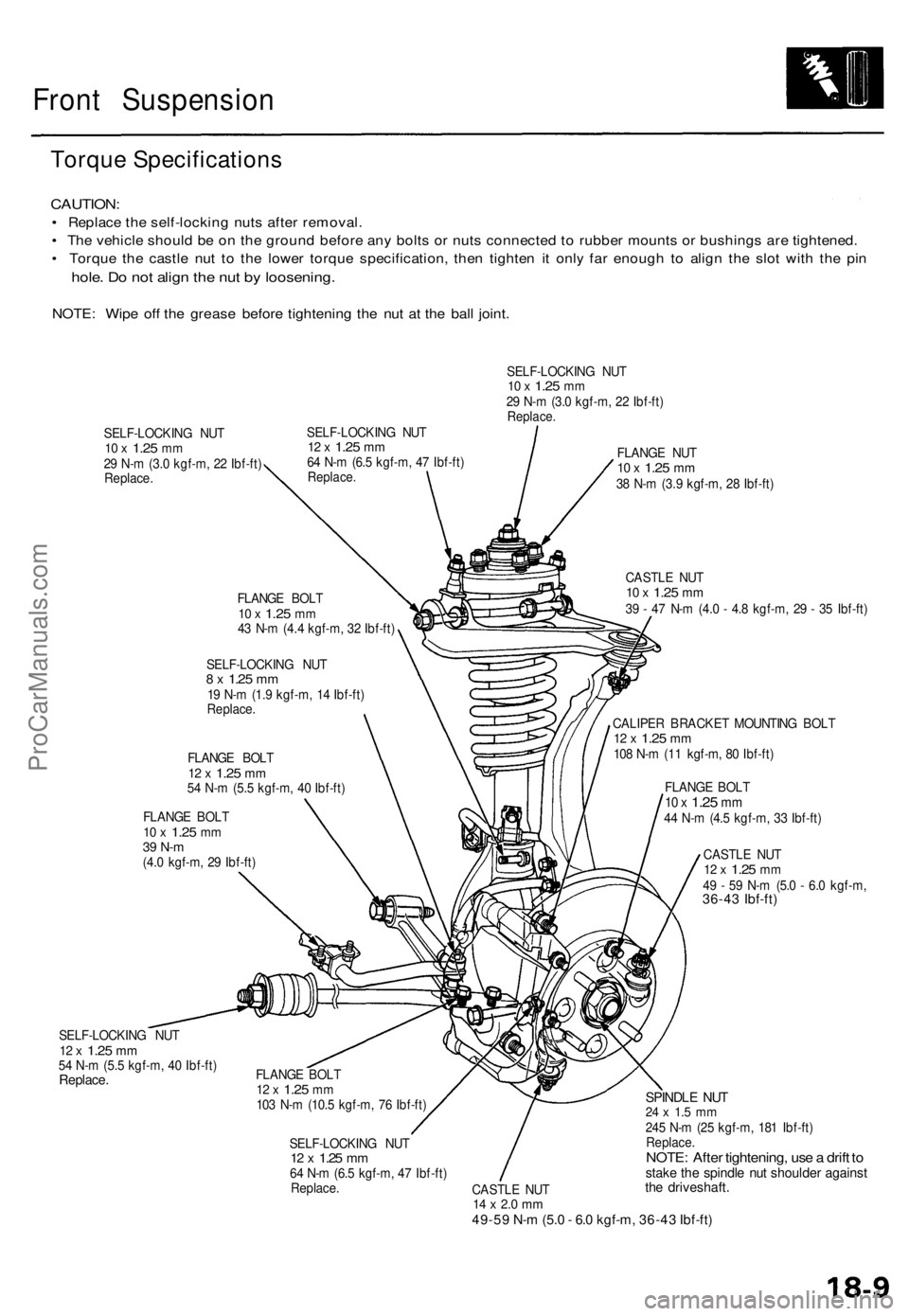 ACURA TL 1995 Service Repair Manual
Front Suspension
Torque Specifications
CAUTION:
• Replace the self-locking nuts after removal.
• The vehicle should be on the ground before any bolts or nuts connected to rubber mounts or bus ACURA TL 1995 Service Repair Manual
Front Suspension
Torque Specifications
CAUTION:
• Replace the self-locking nuts after removal.
• The vehicle should be on the ground before any bolts or nuts connected to rubber mounts or bus