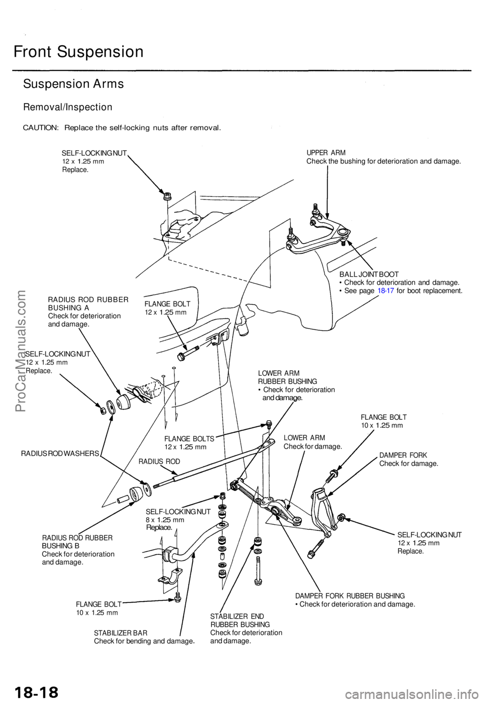 ACURA TL 1995 Service Repair Manual Front Suspensio n
Suspension Arm s
Removal/Inspectio n
CAUTION: Replac e th e self-lockin g nut s afte r removal .
SELF-LOCKIN G NU T12 x 1.2 5 mmReplace .
UPPER AR MChec k th e bushin g fo r deterio ACURA TL 1995 Service Repair Manual Front Suspensio n
Suspension Arm s
Removal/Inspectio n
CAUTION: Replac e th e self-lockin g nut s afte r removal .
SELF-LOCKIN G NU T12 x 1.2 5 mmReplace .
UPPER AR MChec k th e bushin g fo r deterio