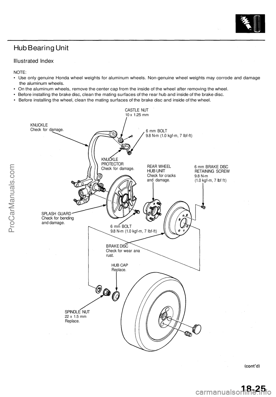 ACURA TL 1995 Service Repair Manual
Hub Bearing Unit
Illustrated Index
NOTE:
• Use only genuine Honda wheel weights for aluminum wheels. Non-genuine wheel weights may corrode and damage
the aluminum wheels.
• On the aluminum w ACURA TL 1995 Service Repair Manual
Hub Bearing Unit
Illustrated Index
NOTE:
• Use only genuine Honda wheel weights for aluminum wheels. Non-genuine wheel weights may corrode and damage
the aluminum wheels.
• On the aluminum w