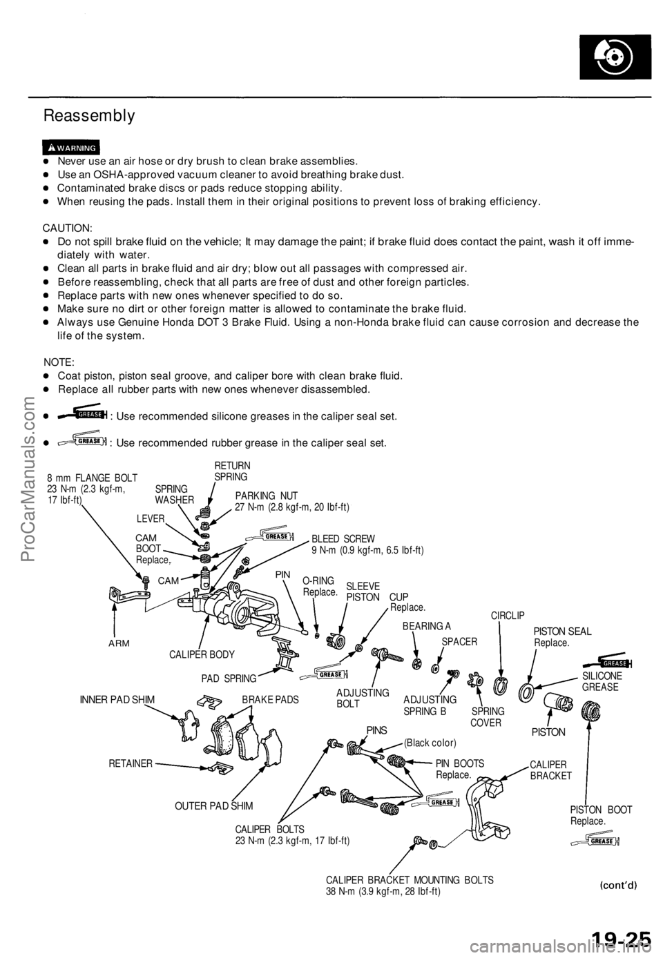 ACURA TL 1995 Service Repair Manual
Reassembly
Never use an air hose or dry brush to clean brake assemblies.
Use an OSHA-approved vacuum cleaner to avoid breathing brake dust.
Contaminated brake discs or pads reduce stopping ability ACURA TL 1995 Service Repair Manual
Reassembly
Never use an air hose or dry brush to clean brake assemblies.
Use an OSHA-approved vacuum cleaner to avoid breathing brake dust.
Contaminated brake discs or pads reduce stopping ability