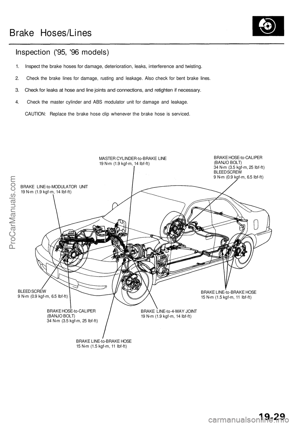 ACURA TL 1995 Service Repair Manual
Brake Hoses/Lines
Inspection ('95, '96 models)
1. Inspect the brake hoses for damage, deterioration, leaks, interference and twisting.
2. Check the brake lines for damage, rusting and leak ACURA TL 1995 Service Repair Manual
Brake Hoses/Lines
Inspection ('95, '96 models)
1. Inspect the brake hoses for damage, deterioration, leaks, interference and twisting.
2. Check the brake lines for damage, rusting and leak
