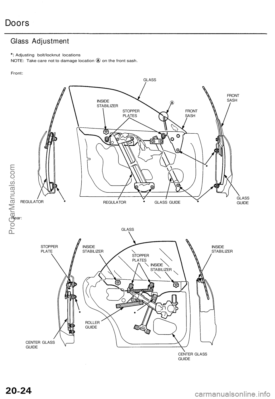 ACURA TL 1995  Service Repair Manual 
Doors

Glass Adjustment

Adjusting bolt/locknut locations

NOTE: Take care not to damage location on the front sash.

Front:

GLASS

FRONT

SASH

REGULATOR

REGULATOR 
GLASS GUIDE 
GLASS

GUIDE

Rear