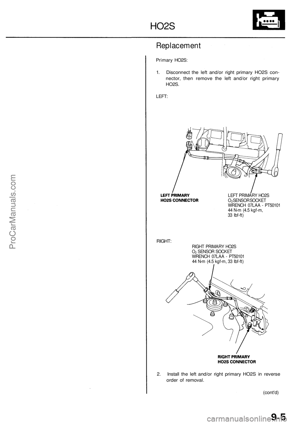 ACURA TL 1995 Service Repair Manual
Replacement
Primary HO2S:
1. Disconnect the left and/or right primary HO2S con-
nector, then remove the left and/or right primary
HO2S.
LEFT:
HO2S
LEFT PRIMARY HO2S
O2 SENSOR SOCKET
WRENCH 07 ACURA TL 1995 Service Repair Manual
Replacement
Primary HO2S:
1. Disconnect the left and/or right primary HO2S con-
nector, then remove the left and/or right primary
HO2S.
LEFT:
HO2S
LEFT PRIMARY HO2S
O2 SENSOR SOCKET
WRENCH 07