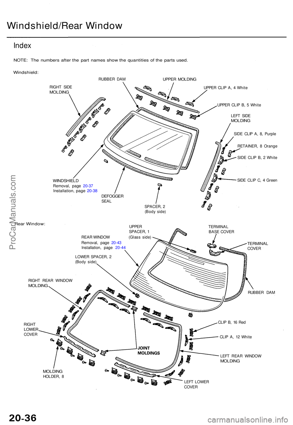 ACURA TL 1995 Service Repair Manual Windshield/Rear Windo w
Index
NOTE : Th e number s afte r th e par t name s sho w th e quantitie s o f th e part s used .
Windshield :
RIGHT SID EMOLDIN G
RUBBER DA M
WINDSHIEL DRemoval, pag e 20-3 7I ACURA TL 1995 Service Repair Manual Windshield/Rear Windo w
Index
NOTE : Th e number s afte r th e par t name s sho w th e quantitie s o f th e part s used .
Windshield :
RIGHT SID EMOLDIN G
RUBBER DA M
WINDSHIEL DRemoval, pag e 20-3 7I
