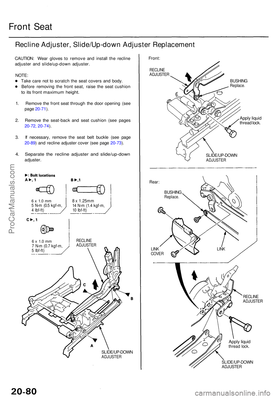 ACURA TL 1995 Service Repair Manual Front Sea t
Reclin e Adjuster , Slide/Up-dow n Adjuste r Replacemen t
CAUTION: Wea r glove s t o remov e an d instal l th e reclin e
adjuste r an d slide/up-dow n adjuster .
NOTE :
Tak e car e no t t ACURA TL 1995 Service Repair Manual Front Sea t
Reclin e Adjuster , Slide/Up-dow n Adjuste r Replacemen t
CAUTION: Wea r glove s t o remov e an d instal l th e reclin e
adjuste r an d slide/up-dow n adjuster .
NOTE :
Tak e car e no t t