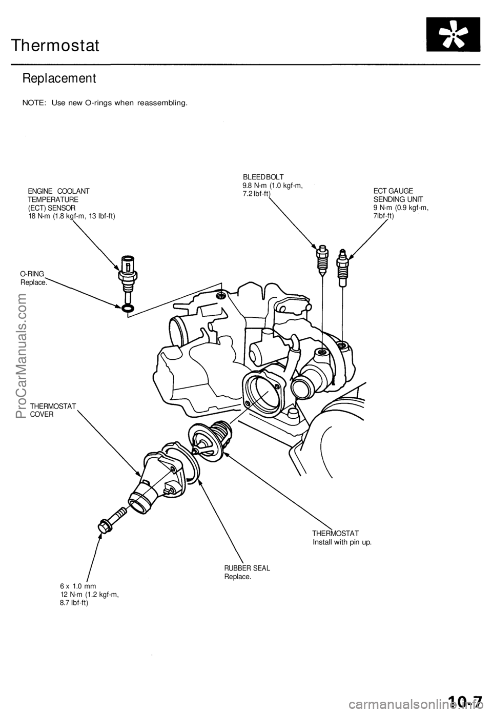 ACURA TL 1995 Service Repair Manual
Thermostat
Replacement
NOTE: Use new O-rings when reassembling.
ENGINE COOLANT
TEMPERATURE
(ECT) SENSOR
18 N-m (1.8 kgf-m, 13 Ibf-ft)
BLEED BOLT
9.8 N-m (1.0 kgf-m,
7.2 Ibf-ft)
O-RING
Repl ACURA TL 1995 Service Repair Manual
Thermostat
Replacement
NOTE: Use new O-rings when reassembling.
ENGINE COOLANT
TEMPERATURE
(ECT) SENSOR
18 N-m (1.8 kgf-m, 13 Ibf-ft)
BLEED BOLT
9.8 N-m (1.0 kgf-m,
7.2 Ibf-ft)
O-RING
Repl