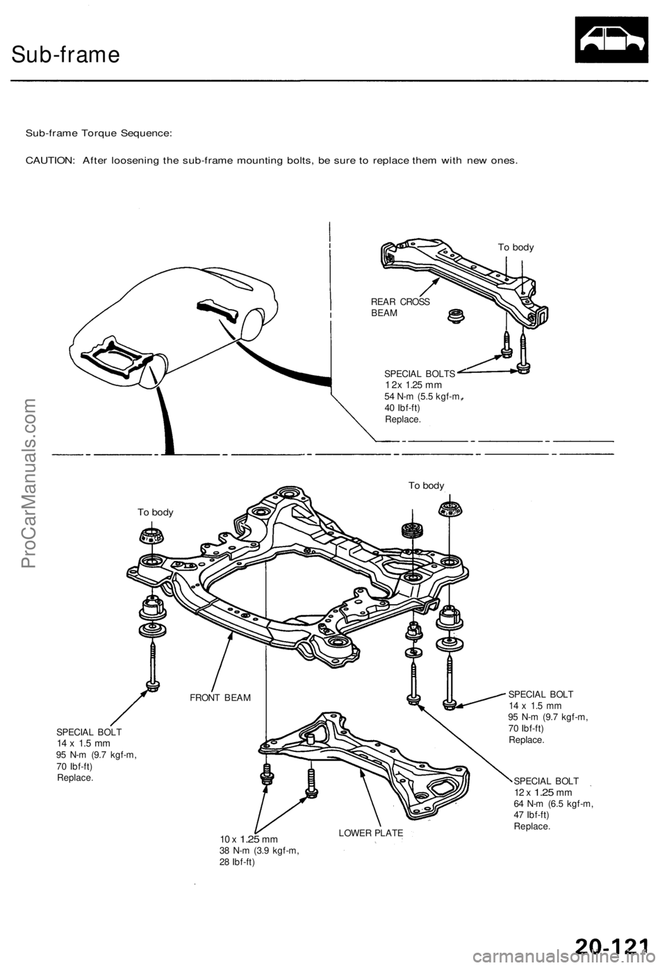 ACURA TL 1995  Service Repair Manual 
Sub-frame

Sub-frame Torque Sequence:

CAUTION: After loosening the sub-frame mounting bolts, be sure to replace them with new ones.

To body

REAR CROSS

BEAM

SPECIAL BOLTS

1 2x
 1.25
 mm

54 N-m 