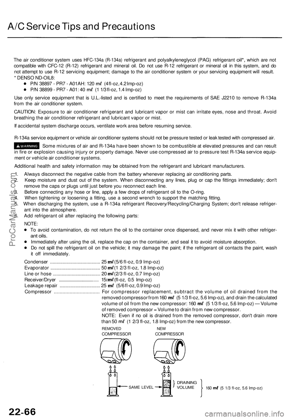ACURA TL 1995 Service Repair Manual A/C Servic e Tip s an d Precaution s
The ai r conditione r syste m use s HFC-134 a (R-134a) refrigeran t and polyalkyleneglyco l (PAG ) refrigeran t oil*, whic h are no t
compatibl e wit h CFC-1 2 (R- ACURA TL 1995 Service Repair Manual A/C Servic e Tip s an d Precaution s
The ai r conditione r syste m use s HFC-134 a (R-134a) refrigeran t and polyalkyleneglyco l (PAG ) refrigeran t oil*, whic h are no t
compatibl e wit h CFC-1 2 (R-