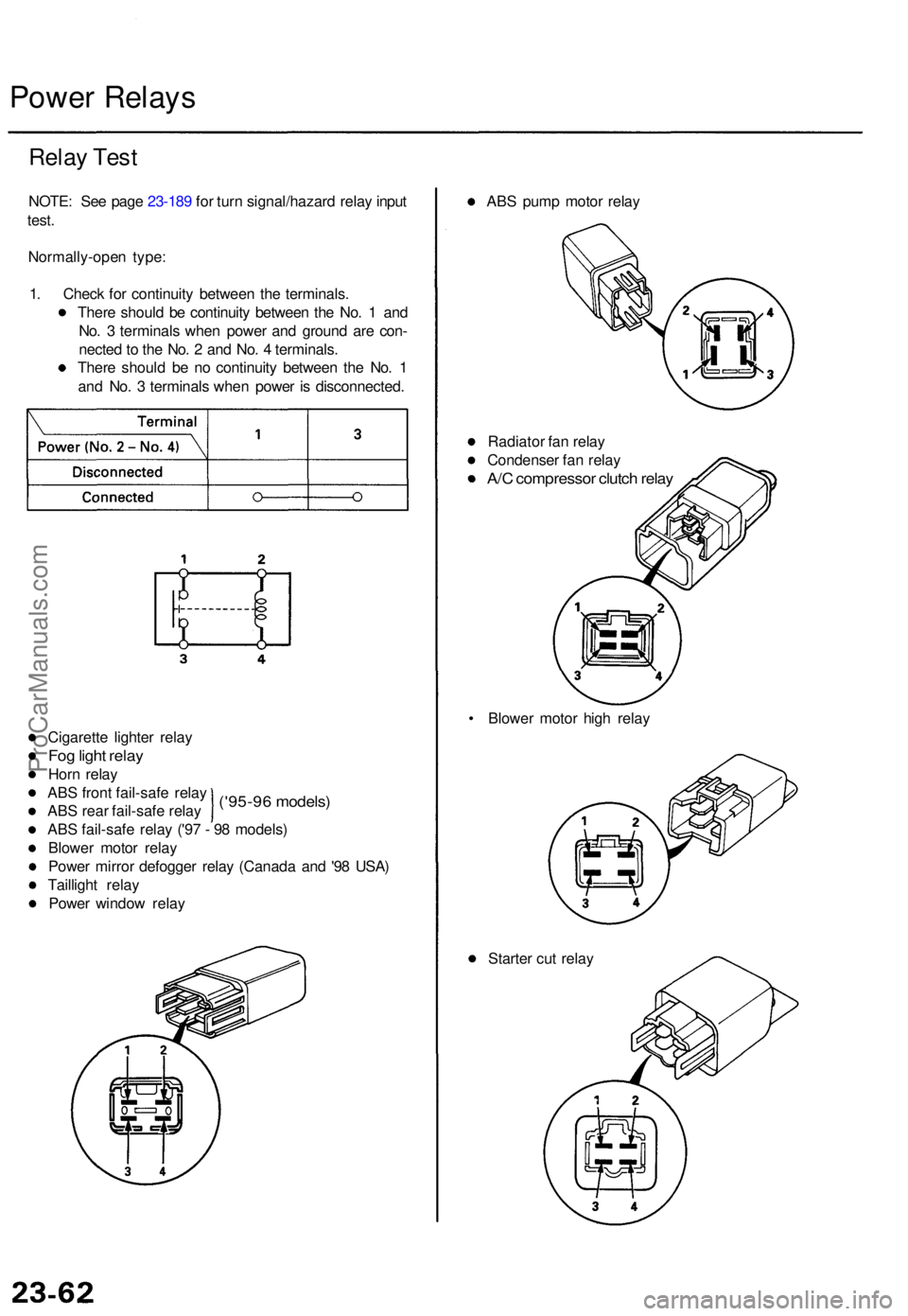 ACURA TL 1995 Service Repair Manual Power Relay s
Relay Tes t
NOTE : Se e pag e 23-18 9 fo r tur n signal/hazar d rela y inpu t
test .
Normally-ope n type :
1 . Chec k fo r continuit y betwee n th e terminals .
Ther e shoul d b e contin ACURA TL 1995 Service Repair Manual Power Relay s
Relay Tes t
NOTE : Se e pag e 23-18 9 fo r tur n signal/hazar d rela y inpu t
test .
Normally-ope n type :
1 . Chec k fo r continuit y betwee n th e terminals .
Ther e shoul d b e contin