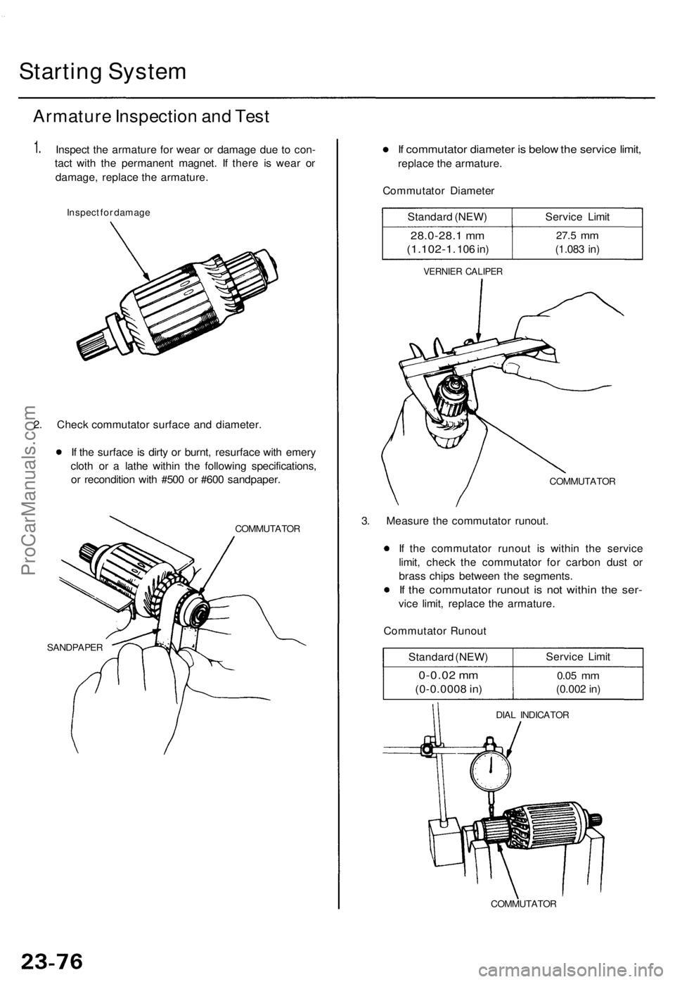 ACURA TL 1995 Service Repair Manual
Starting System
Armature Inspection and Test
1.
Inspect the armature for wear or damage due to con-
tact with the permanent magnet. If there is wear or
damage, replace the armature.
Inspect for ACURA TL 1995 Service Repair Manual
Starting System
Armature Inspection and Test
1.
Inspect the armature for wear or damage due to con-
tact with the permanent magnet. If there is wear or
damage, replace the armature.
Inspect for